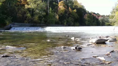 4K- HD Drone Flight Standing Still Near Water Fall in Humber River Toronto Stock-Footage 142026387