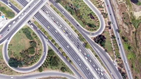 4K- HD DRONE FLY OVER ISTANBUL BOSPHORUS BRIDGE INTERSECTION WITH BUSY TRAFFIC Stock Footage 247922942