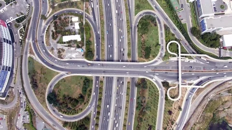 4K- HD DRONE FLY OVER ISTANBUL BOSPHORUS BRIDGE INTERSECTION WITH BUSY TRAFFIC Stock Footage 247922949