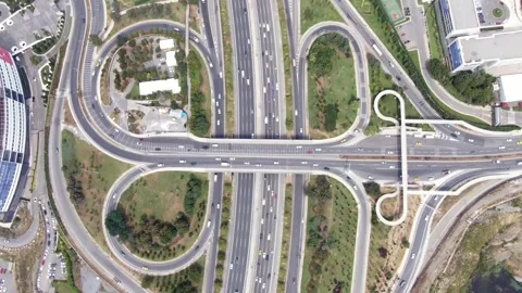 4K- HD DRONE FLY OVER ISTANBUL BOSPHORUS BRIDGE INTERSECTION WITH BUSY TRAFFIC 4 Stock Footage 247923046