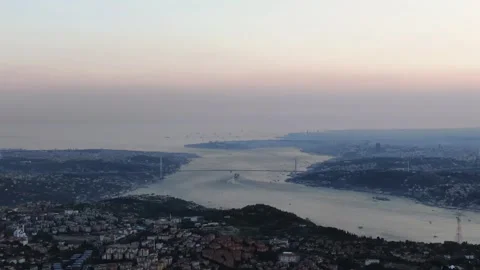 4K- HD DRONE OVER VIEW OF ISTANBUL BOSPHORUS WITH BRIDGE IN THE BACKGROUND Stock Footage 247922964