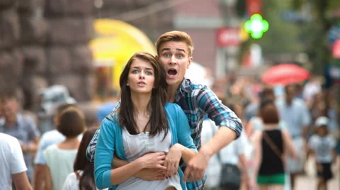 4K &amp; HD resolutions: Lovers are surprised with bright emotions and joy Video stock 40366578