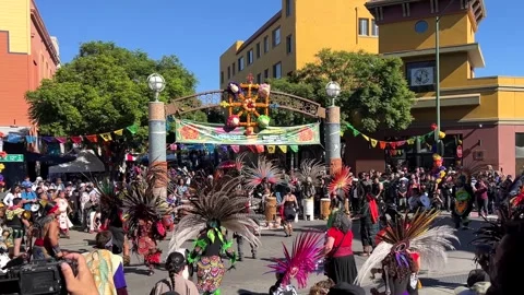 4K HD video of Aztec Dancers at Dia de los Muertos Festival in Oakland, CA Stock Footage 322073694