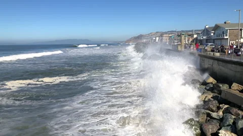 4K HD Video High Tide in Pacifica, CA. Waves crashing on sea wall Stock Footage 143615024