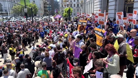 4K HD Video SF Protest Union Workers outside City Hall in San Francisco, CA Stock Footage 322073543