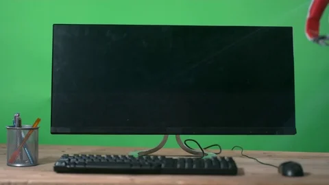 4K Headphones thrown at computer in a rage, shot in super slow motion Video stock 77011920