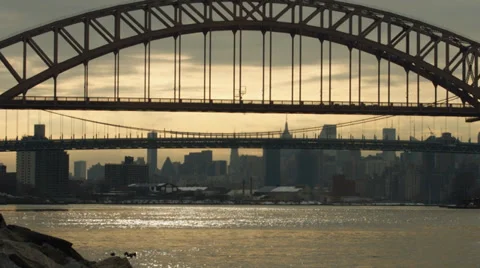 4K - Hellgate bridge New York City east river Sunset Stock Footage 39029209