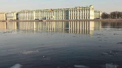 4K Hermitage reflection in water. Neva River ice. St.Petersburg Russia Stock Footage