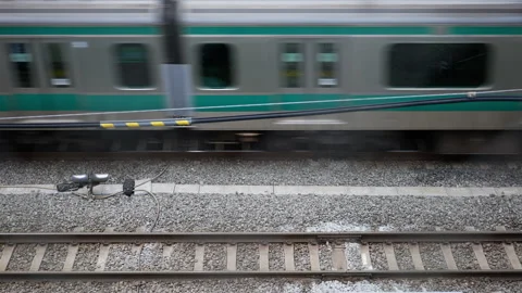 4K High angle view . Passenger train passing Stock Footage 229247286