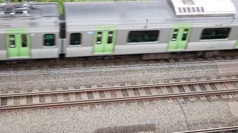 4K High angle view .Two Passenger train passing Stock Footage 229249890