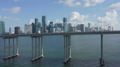 4K high bridge over the Miami harbor with cityscape on the background, Florida 스톡 동영상 134574356