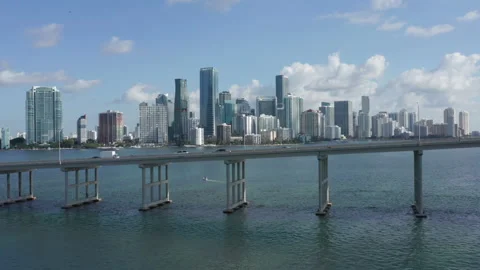 4K high bridge over the Miami harbor with cityscape on the background, Florida 스톡 동영상 134574851