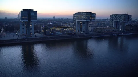 4K HIGH END Aerial Drone Shot of Office Buildings near river Rhine Stock Footage 125741363