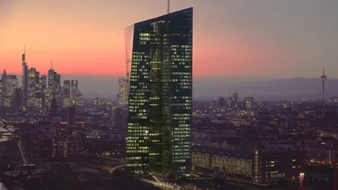 4K HIGH END Aerial Drone Shot with Dolly Zoom of ECB in Frankfurt Stock Footage 125950009
