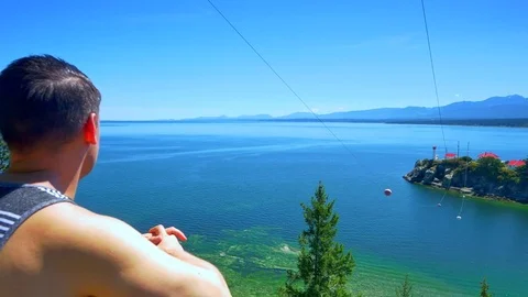 4K Hiking View, Top of Mountain Island Ocean Landscape, Man Sport Hiker Stock Footage 78613140
