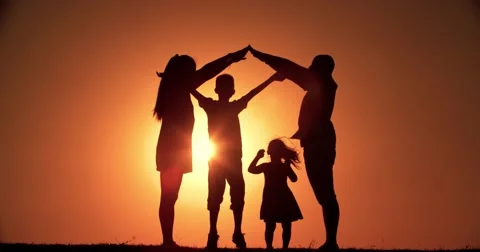4K, home concept, family silhouette father, mother, two children, dream of Stock Footage