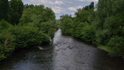 4K Horizontal Slow Motion: Wide River Flowing Through Green Forest, Scenic Vista Stock-Footage 334626925