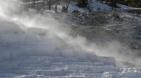 4K - Hot Spring water falls with alot of fumes during winter Stock-Footage 47966982