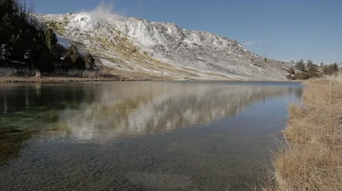 4K - Hot Spring water falls with lake during winter Stock-Footage 47997680