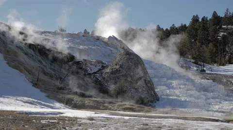 4K - Hot Spring water falls with alot of fumes during winter Stock-Footage 48080014