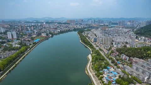 4K Hubei Chibi City Landmark Skyline Full Panorama Timelapse Video stock 345572353