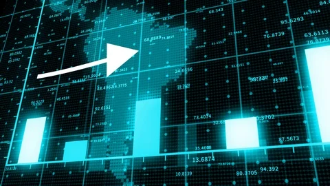 4k HUD graph with rising up arrow and bar stats,digital data wall with world ma Stock Footage 126129808