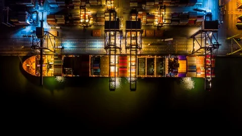 4k, Hyper lapse aerial view container ship loading and unloading. Stock Footage 107804081