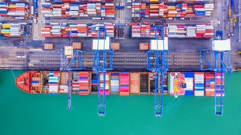 4k, Hyper lapse aerial view container ship loading and unloading. Stock Footage 107804109