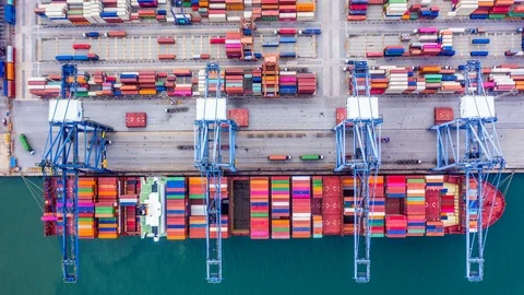4k, Hyper lapse aerial view container ship loading and unloading. Stock Footage 107804112
