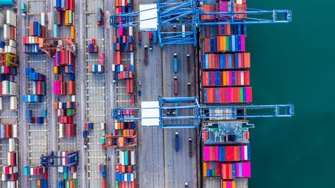 4k, Hyper lapse aerial view container ship loading and unloading. Stock Footage 108030678