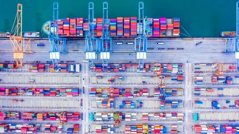 4k, Hyper lapse aerial view container ship loading and unloading. Stock Footage 108030974