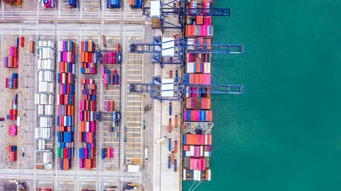 4k, Hyper lapse aerial view container ship loading and unloading. Stock Footage 108032313