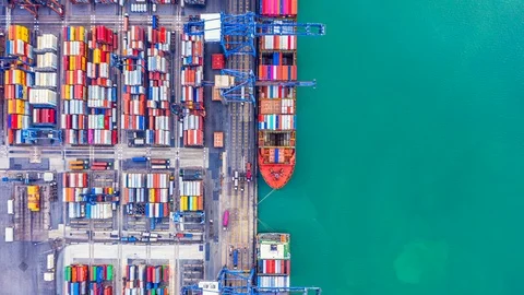 4k, Hyper lapse aerial view container ship loading and unloading. Stock Footage 108032718