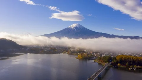 4k Hyper lapse Aerial view of Fuji Mountain at Kawaguchiko Lake,Japan Video stock 123045180