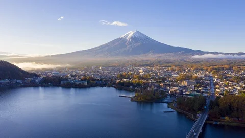 4k Hyper lapse Aerial view of Fuji Mountain at Kawaguchiko Lake,Japan Video stock 123045311