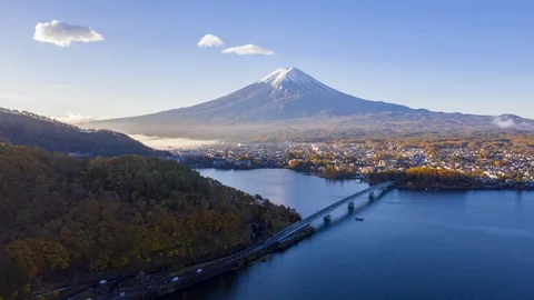 4k Hyper lapse Aerial view of Fuji Mountain at Kawaguchiko Lake,Japan Video stock 123045321