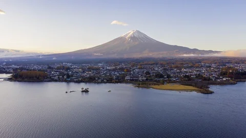 4k Hyper lapse Aerial view of Fuji Mountain at Kawaguchiko Lake,Japan Video stock 123046072