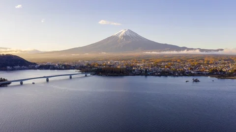 4k Hyper lapse Aerial view of Fuji Mountain at Kawaguchiko Lake,Japan Video stock 123046178