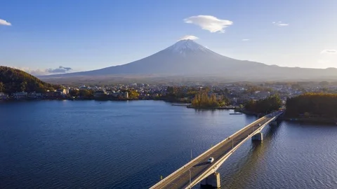 4k Hyper lapse Aerial view of Fuji Mountain at Kawaguchiko Lake,Japan Video stock 123049058