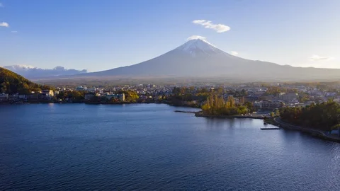 4k Hyper lapse Aerial view of Fuji Mountain at Kawaguchiko Lake,Japan Video stock 123051906