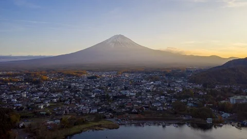4k Hyper lapse Aerial view of Fuji Mountain at Kawaguchiko Lake,Japan Video stock 123053655
