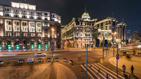 4K Hyper Lapse of the Bund at Night, Shanghai, China Stock Footage 87732412