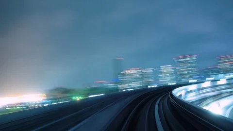 4K Hyper-Lapse of Train POV at Night - Fast Moving Train Time Lapse Stock Footage 98178064