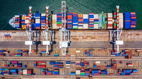4k Hyperlapse aerial view container ship loading and unloading in deep sea port. Stock Footage 107303997