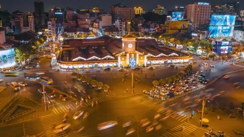 4K Hyperlapse of Ben Thanh Market and Traffic Ho Chi Minh City at night Stock Footage 301706357
