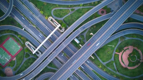 4K : Hyperlapse drone shot over highway multi-level junction road. Stock Footage 170931462
