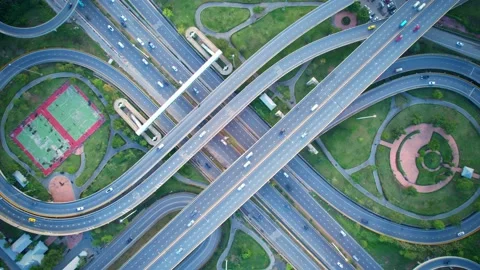 4K : Hyperlapse drone shot over highway multi-level junction road. Stock Footage 170931558