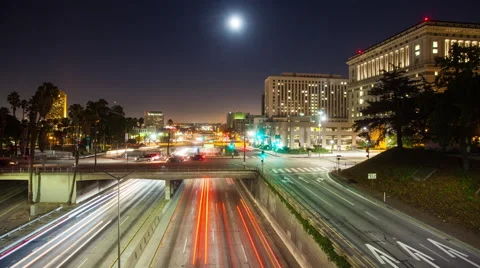 4K Hyperlapse of the freeway night traffic in Downtown, Los Angeles Stock Footage 65219905