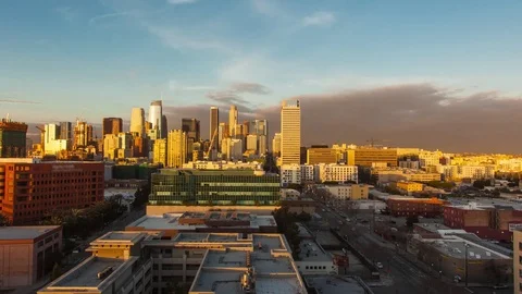 4K Hyperlapse of the Los Angeles Downtown skyline at sunset Stock Footage 72687103