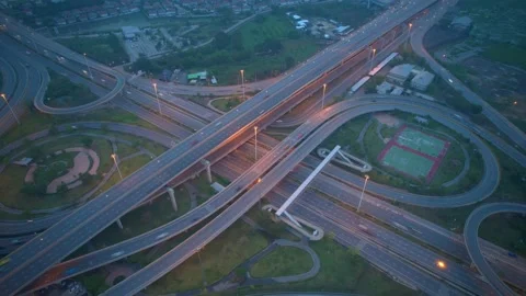 4K : Hyperlapse or Dronelapse Top view of Highway road junctions Stock Footage 170437553
